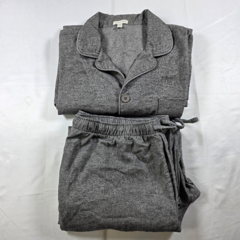 Garnet Hill Gray Heathered Flannel Pajama Set Large Button Down Drawstring Pants
